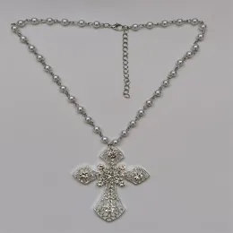 Victorian Big Cross Pendant Necklace White Pearl Choker Vampire Cross Rosary Goth Punk Crystal Cross Metal Jewelry Accessories