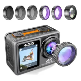 이동식 필터 렌즈가있는 카메라 액션 카메라 4K 60FPS 20MP 2.0INCH LCD EIS 듀얼 스크린 비디오 촬영 방수 촬영 캠 DVR LO
