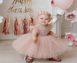 Dust Pink Little Girls Festzugskleider Ballkleider Kräuselte Blumengeburtstagsfeier Outfits für Baby Bogen Schlüsselloch Rücken blaugrüne Kinder 9025049