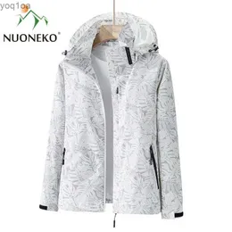 Men's Jackets NUONEKO Womens Hiking Jacket Spring Outdoor Sports Camping Travel Camo Hooded Windproof Coat Waterproof Coat MensL2404