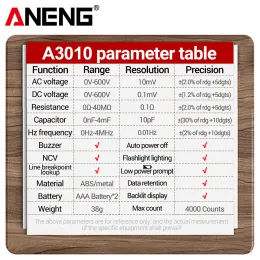 Aneng A3010 4000 Sayım Pen-Tipi True-RMS Arka Işığı Çok Metre Dijital Otomatik Aralık Test Cihazı LCD Elektrikçi Araçlar