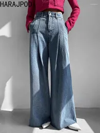 Frauen Jeans Gagarich Korean Chic Spring Retro Nische hohe taillierte vielseitige, plissierte Design gewaschen weiten Beinboden Lange Hosen Frauen