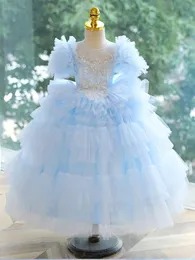 Blue Puffy Flower Girl Dresses Sheer Neck Crystals Little Girl Wedding Dresses 2024 Commonion Pageant Dresses Glowns Girls Party Commonion Dress Kids Birthday Cloth