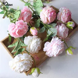 Flores decorativas Meldel rosa ramal ramo de bouquet Diy Artificial 3 cabeças de seda falsa peony casamento champanhe decoração de festa em casa