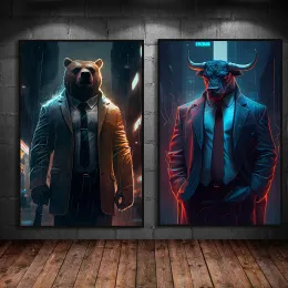Modern Bear Bull Bull Poster Print Canvas do mercado de ações Poster de arte de parede Wall Street Traders HD Pictures modular