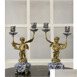 Candle Holders Tabletop Large Size Porcelain With Brass Light Stick Pair Craft Angel Statue Blue And White Holder For Home Decor Dro Dh8Iw