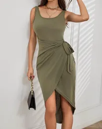 Lässige Kleider Frauen minimalistischer Stil Kleid modische unregelmäßige Festkörper -Tankt -Tanktoper -Schnürung Langer Midi 2024 Umhang Schlafloser Rock