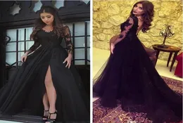 Sexy Rückenless Evening Kleider tragen v Hals bloße lange Ärmel Schwarze Promkleid 2018 Neue Spitzen Applikationen Seite Split formelle Partykleid 7278228