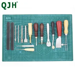 QJH 16PCS szycie narzędzia do skóry rzemieślnicze Zestaw DIY Ręcznie wykonany okładka Punt Ench Urządzenie Pet Puncher A3 PVC Mata Mata Patchwork