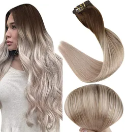 10A Grade Balayage Clip in Hair Extensions Dark Borwn fading to Ash Blonde Ombre Clip in Human Hair Extension 120g8pcs9456408