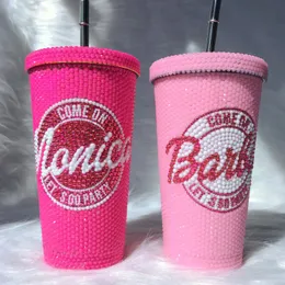 Let's Go Party Party Rhinestone Tumbler مع Straw تخصيص اسم زجاجة ماء بلين الوردي Barb Barb Stainless Steel Thermos Girl Cups 240409