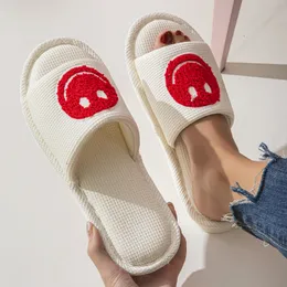 Cross border Spring/Summer New Cartoon Smiling Face Linen Slippers for Couples Indoor Household Open Toe Anti slip Stool Feeling Cool Slippers