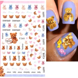 Cute Teddy Bear Designs Nail Art Stickers Colorful Gradient Lovely Bear Animal Foil Decals Manicure Slider Decorations FBF266