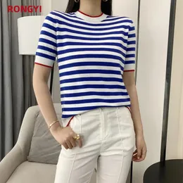 Rongyi Summer Womens Oneck listrado Camiseta de manga curta 100% de algodão com pulôver solto malha casual top de alta qualidade 5 tamanhos 240409