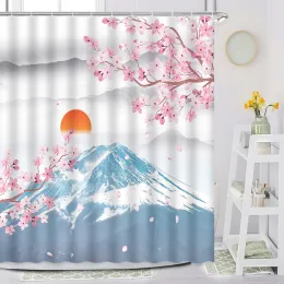 Japansk duschdraperi. Traditionell bläckmålning plommonblomning Alpine Bird Mount Fuji Red Sun Cherry Blossom Koi Badrumsdekor