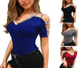 الربيع الصيف مثير shinning kitted pulver women blostes قمم vneck بأكمام قصيرة جوفاء خارج القطن الكتف البارد مختلط نحيف T8057424