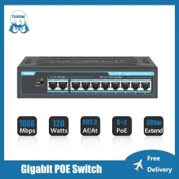 Soczewki terow 10 portów przełącznik PoE 1000 Mbps 8 PoE +2 Wysłącze w górę 120 W Gigabit Ethernet Przełącznik dla kamery IP/System kamer AP/CCTV