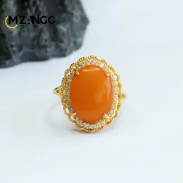 S925 Silver Set Natural Amber Egg Face Ring Old Beeswax Full of Honey Lace Ring Exquisite Luxury Women's Wedding Jewelry