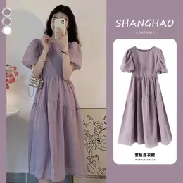 Korean Style Summer Maternity Puff Sleeve Chiffon Dress High Waist ONeck Pregnant Woman Lightweight Ball Gown Blue Purple 240326