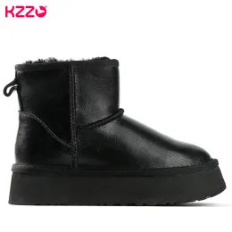 Boots KZZO Fashion Women Ankle Platform Snow Boots Waterproof Genuine Leather Natural Wool Lined Casual Thick Sole Winter Warm Shoes