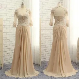 Betautiful Champagne Mother of the Bride Groom Dresses 2022 con illusione a 34 maniche a 34 maniche in pizzo posteriore Applique Chiffon Long Even3730017