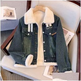 سترات نسائية OC2417 Winter Coat Denim P Jacket Lamb Fleece Fashion Short stonewashed Retro Translization Drop Dropress Apparel Develd DhmvW