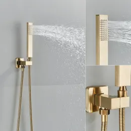 Fırçalanmış Altın Gizli Duş Musluk Seti Gömülü Kartuş Musluk Yağış Duş Başlığı Dönme/Şelale Banyosu Bozulma Mikser Musluk