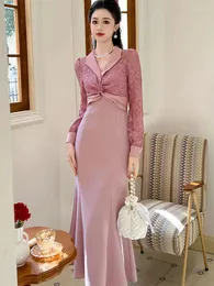 Vestidos casuais celebridade vestido longo vestido longo feminino doce elegante rosa torcido renda pura renda de babados de peixes ralhos de peixe banquetes vestidos