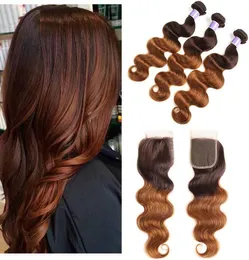 Ombre brasileiro colorido Cabelo humano marrom escuro 3 pacotes com fechamento Two Tone Tons 430 Wave Body Wave Teave com CLO3061961