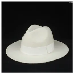 Boinas de lã mulheres autênticas moda moda branca fedora chapéu largo vasia elegante partido de senhora fascinadora tamanhado 56-58cm