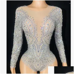 Stage Wear 2023 Rhinestones Leotard Long Sleeve for Women Y Mesh Stretch Dance Costume Performance Po Drop Delivery Dhqei