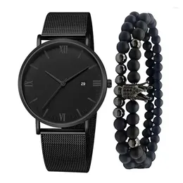 Armbanduhren 3pcs/Set Ultra-Slim-Männer-Mindestwacht-Casual Sport mit Kalender-Netz-Gurt-Quarz und Kronarmband Set