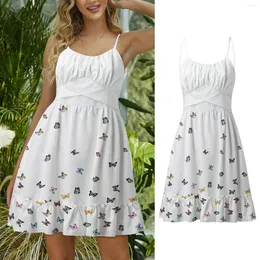 Casual Dresses Butterfly Print Vintage Slip Dress 1950 -talet Frill Ruched ärmlösa party Beach Women Summer Short