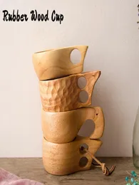 Nordic Style 4 Tipos de canecas de chá de madeira de borracha com alças Kuksa de madeira de madeira com corda dois buracos feitos à mão portátil bebida Wat6806156