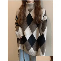 Womens Sweaters Vintage Turtleneck Women Sweater Knitted Plover Korean Fashion Loose Plaid Warm Knitwear Jumper Autumn Oversized Drop Dhsdm