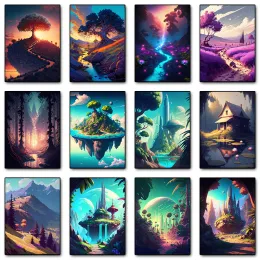 Fantasy World Floating Fantasy Planet Forest Tree Landscape Anime Affischer Tryck Canvas Målarrum Hemväggsdekor Bild