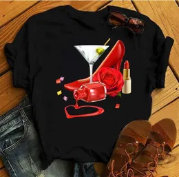 Women Thirt Wine Glass e Nali Art Heart Tshirt nero maglietta femmina Fashi