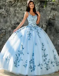 2020 Sky Mavi Quinceanera Elbiseler Aplikler Boncuklar Kepçe Boyun Prenses Balo Elbise Tatlı 16 Tül Prenses Balo Elbise Partisi önlükleri1360185