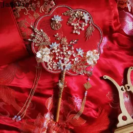 Janevini Vintage Red Wedding Fan für Braut handgefertigte Kristallperlen Hochzeitsblumen Alte chinesische Quaste Bridal Bouquet Fan