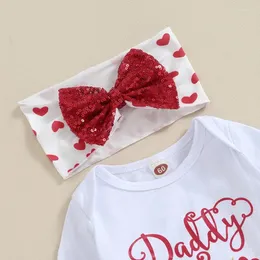 Kleidungsstücke Sets Säuglings Baby Girl Erstes Valentinstag Outfit Langarm Strampler mit Spitzenshorts und Stirnband 5pcs Vater Set