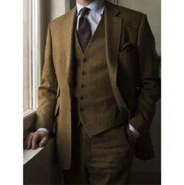 2020 New Mens Tweed Suits Notch Lapela 3 PCs Custome Homme Casamento Groom Brown Brown Man Tweed Suits Terdeed Made Men Suit5849674