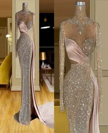 SIDA SLIT SEXY SMERAMAIT PROM Dresses 2021 Sparkly Crystal Beaded High Neck Long Sleeve Evening Downs Women Arabic Special Endan 6968521