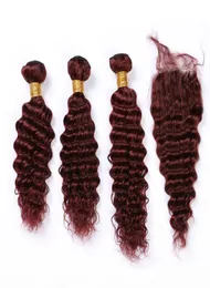 99J Wein Rot Malaysian Deep Wave Human Hair 3 Bündel und Verschluss burgunderrote Weben tiefe Wellen lockige jungfräuliche Haarverlängerungen mit1226438