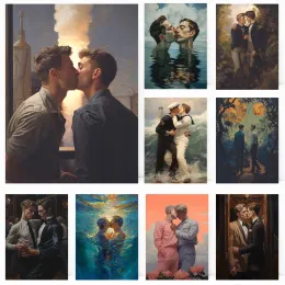 Vintage Gay Two Men kissing Underwater Cool Poster Print Wall Art Pictures Canvas Painting Living Room Bedroom Home Decor Gift