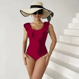 Damenbadebekleidung 2024 Frauen gekräuselt Bikini Ein-Stück-Anzug fest Schwarz/grün/purpurblau/Wein rot sexy U-Neck Slim Monokini Badeanzug Plus