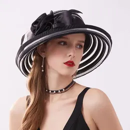 Mode kvinnor sommar organza antiuv sol hattar breda brimblomma fedora hatt eleganta damer bröllopskyrka party hat240409