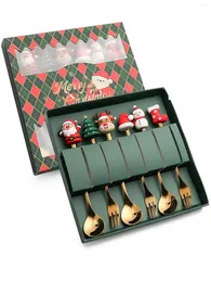 Zestawy naczyń obiadowych Leeseph Christmas Coffee łyżki Zestaw Forks (4/6 pne) Prezenty łyżkowe ze stali nierdzewnej dla dzieci (zestaw pudełka na prezenty z czerwonego/zielonego)