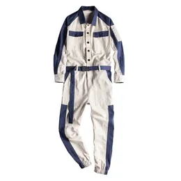 Sokotoo Mens Contrast Color Beige Joggers With Belt Jumpsuits Long Sleeve Patchwork Overalls Coveralls 240403