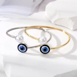 Simulated-pearl Blue Evil Eye Open Thin Bangle For Women Jewelry Vintage Simple Blingbling Round Beads Turkey Lucky Eye Bracelet