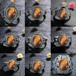 Pierścienie klastra Kamień naturalny 925 Srebrny pierścionek Tiger Eye Retro zaręczynowy Prezent Wedding Prezent dla kobiet biżuteria